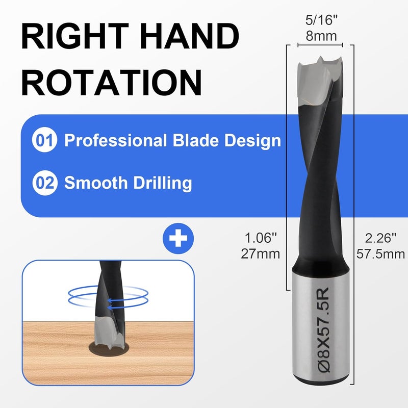 CDBP Carbide Tipped Brad Point Boring Bit 8mm Dia x 57.5mm Long - 10mm Shank, Right Hand Rotation for CNC Dowel Drilling - Image 2